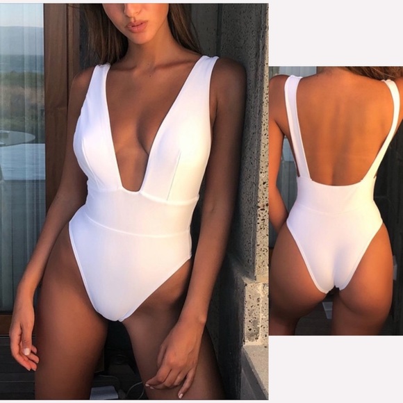 Other - Plunge Open Back Deep V White Swimsuit